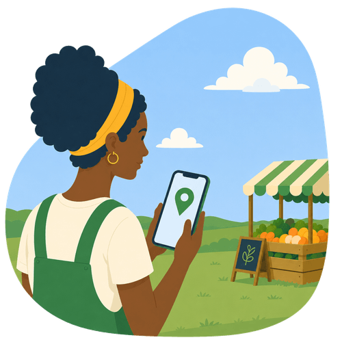 Illustration of a person browsing nearby stands on their phone, with a local market stand in the background.