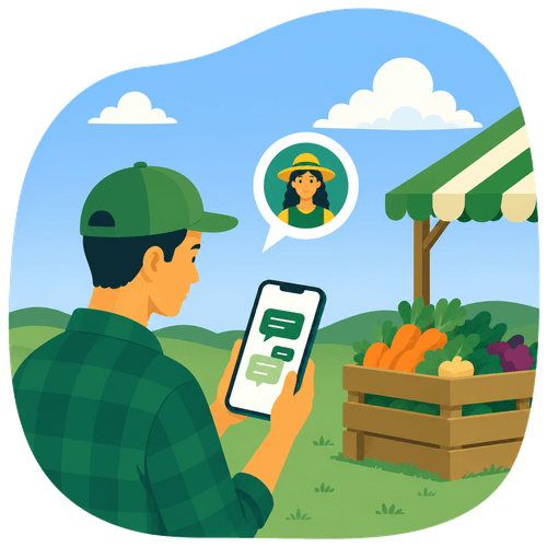 Illustration of a person messaging a seller through the app, with a produce stand in the background.