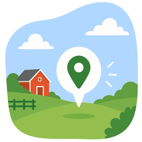 Illustration of a map pin marking a pickup location near a house and farm.