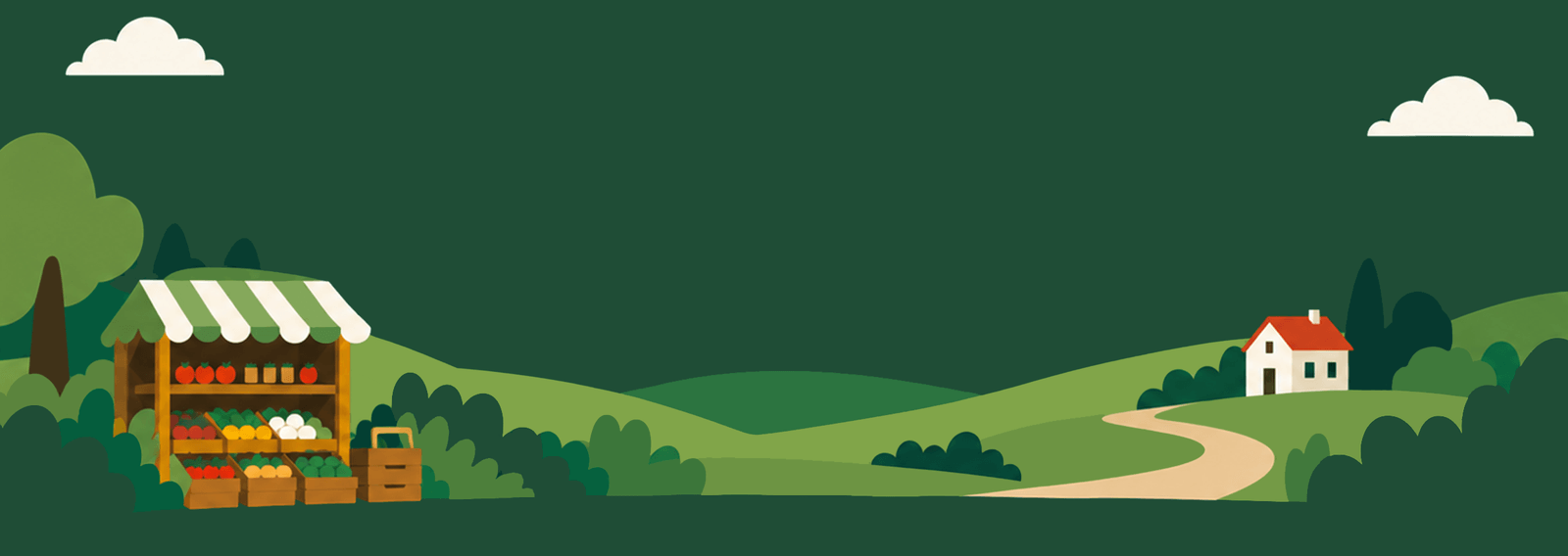 Illustration of a roadside farm stand with fresh produce, rolling hills, and a farmhouse under a blue sky.
