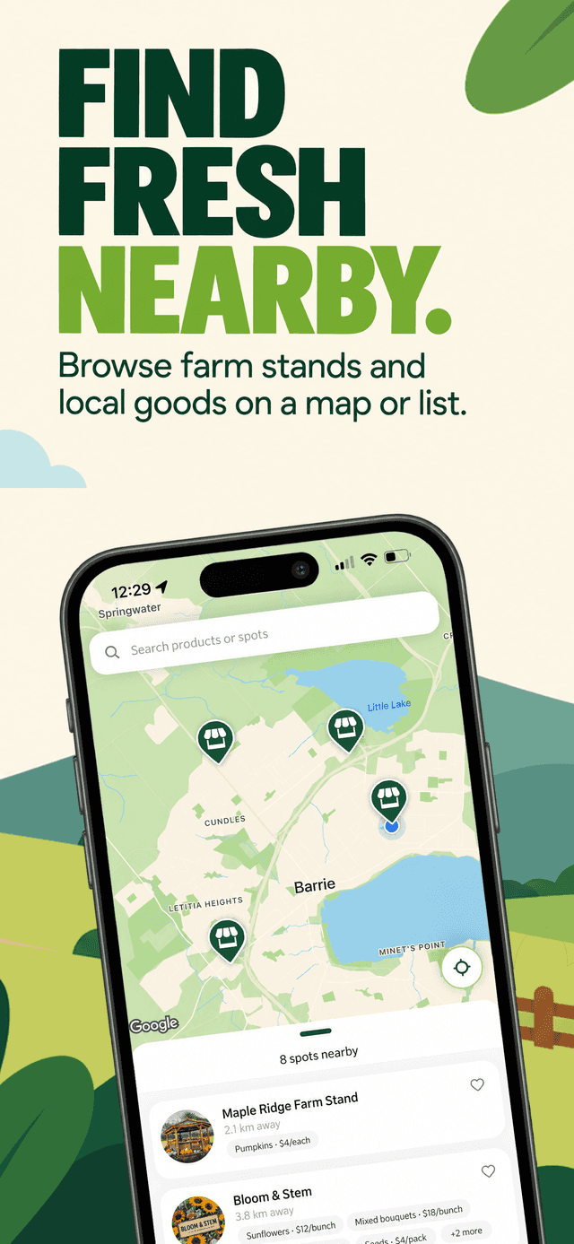 Cropdrop map view showing nearby farm stands pinned around Barrie, Ontario, with a list of nearby spots below.