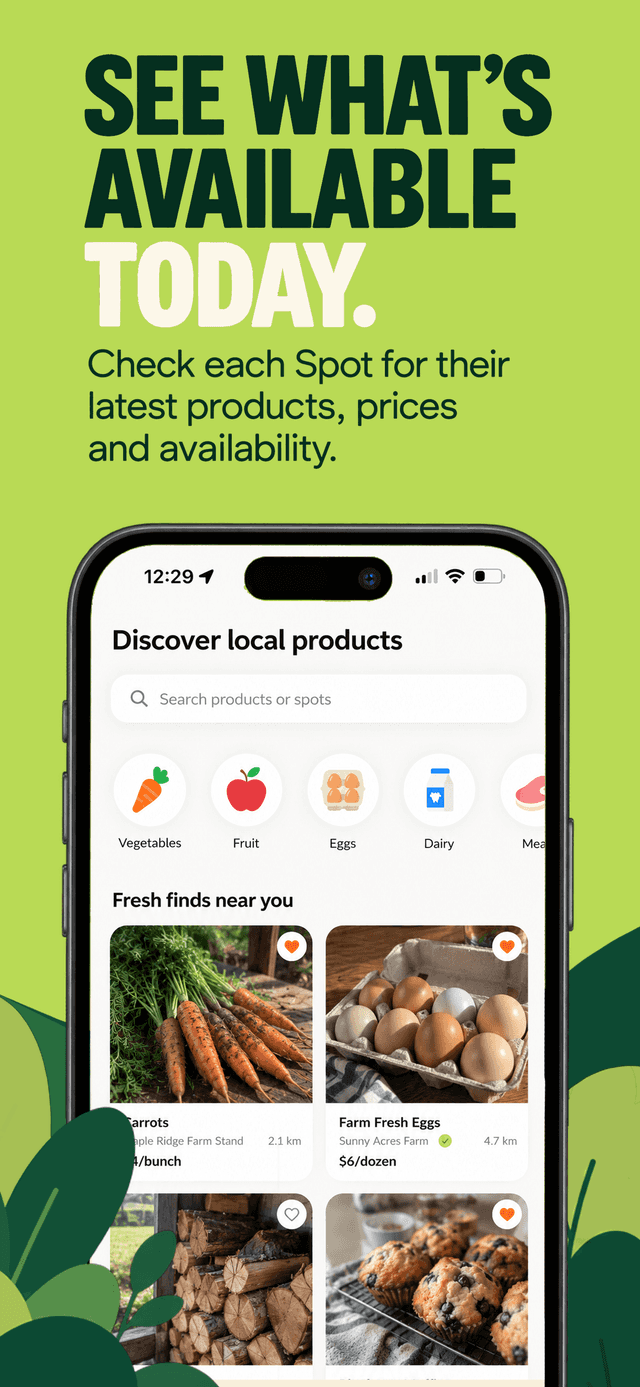 Cropdrop discover screen with category icons like Vegetables, Fruit, Eggs, and Dairy, and fresh finds nearby such as carrots and farm eggs.