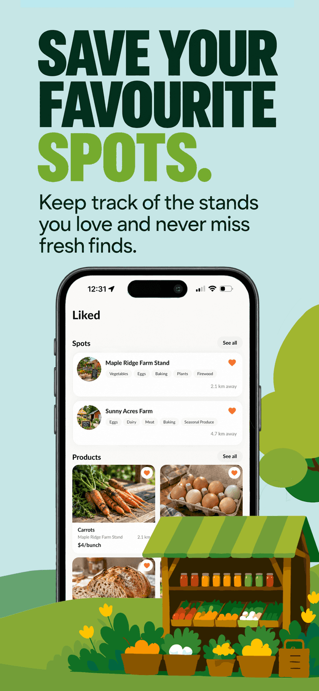 Cropdrop Liked screen showing saved favourite spots and products, including Maple Ridge Farm Stand and Sunny Acres Farm.