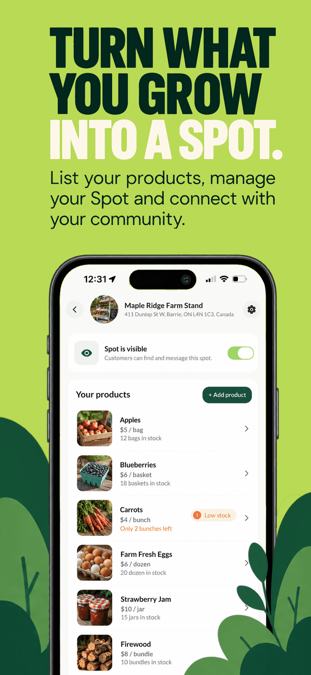 Cropdrop seller dashboard for managing a Spot, listing products like apples, blueberries, and carrots with live stock levels.