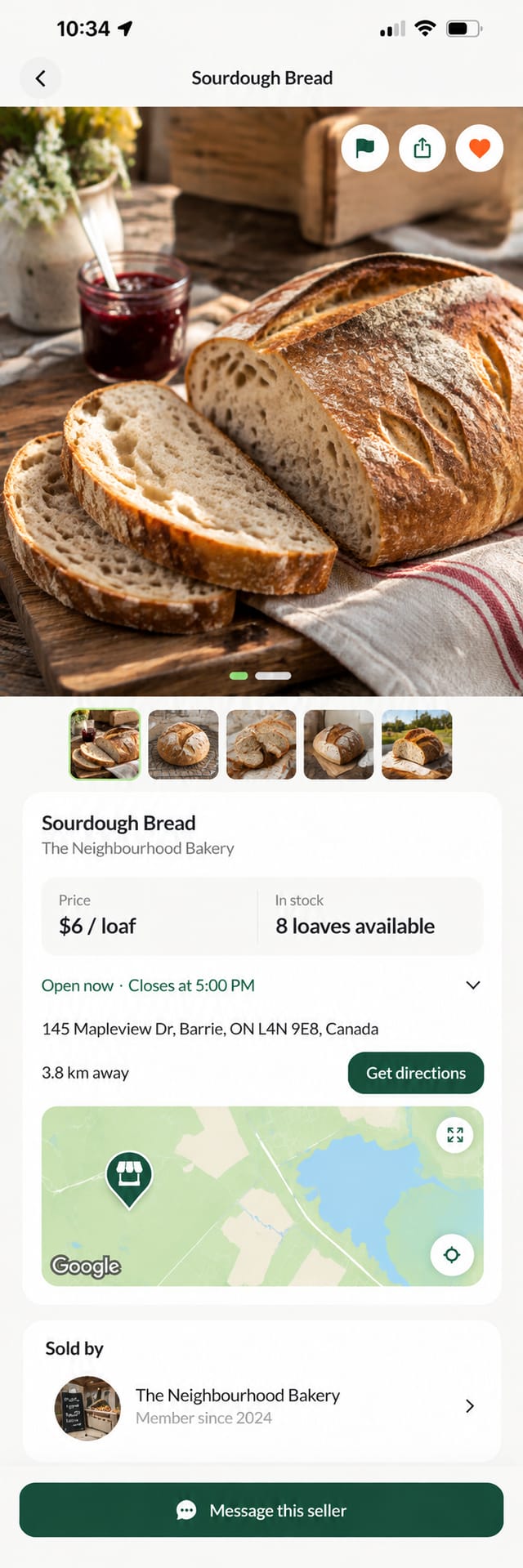 A Spot listing for Sourdough Bread from The Neighbourhood Bakery in the Cropdrop app: photo carousel, price and stock, pickup map, seller card, and a Message this seller button